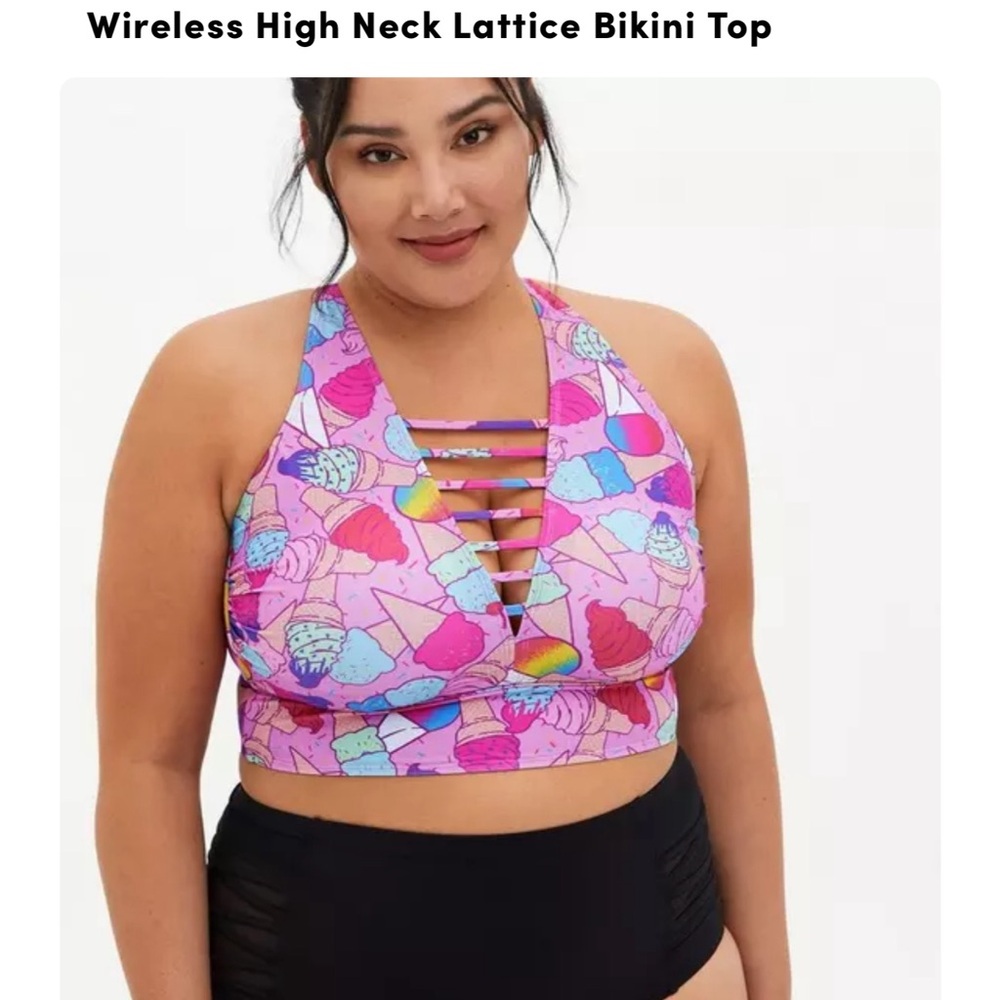 Wireless High Neck Lattice Bikini Top - Ice Cream NWT SZ 1X (14-16)